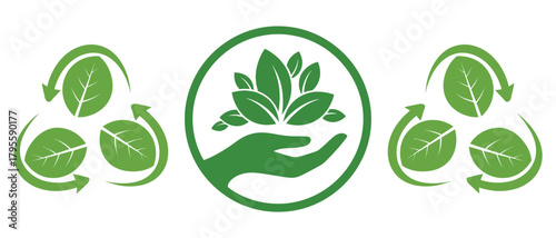 Green hand holding leaves inside circle with recycling leaf arrows on white background