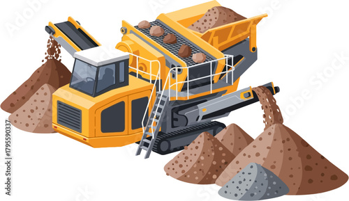 Screening Plant Industrial Mining Equipment Vector — Rock Sorting, Material Separation, and Aggregate Processing Machinery