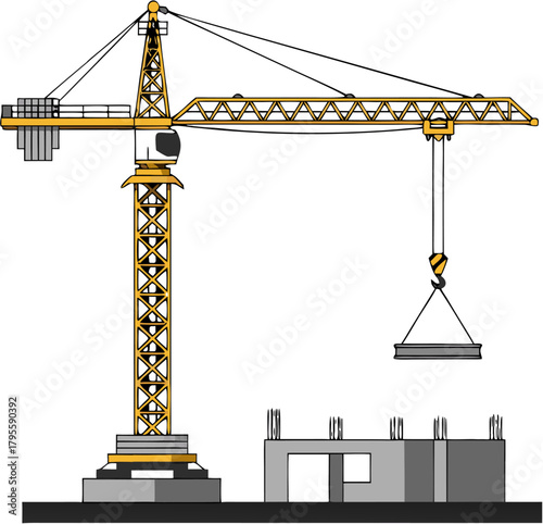 Tower Crane Heavy Construction Lifting Equipment Vector — Structural Assembly and High-Rise Building Machinery