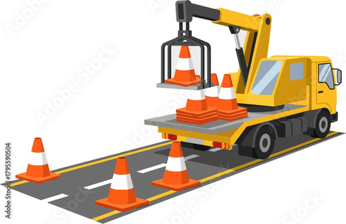 Traffic Cone Setter Vehicle Vector — Road Safety, Lane Management, and Construction Traffic Control Equipment