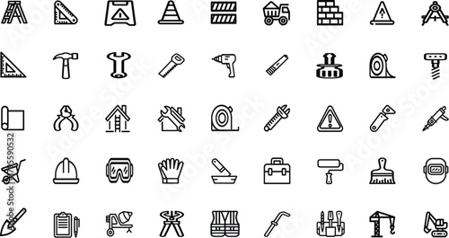 Outline Construction and Repair Tools Icon Set for Building, Engineering, and Home Maintenance – Editable Stroke Vector
