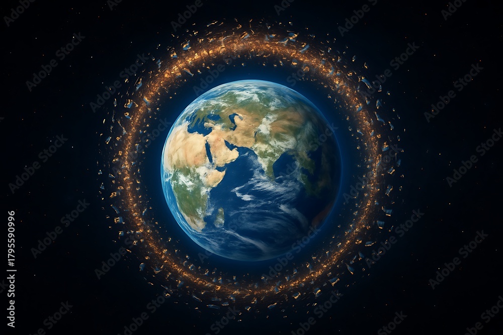 Obraz premium Earth from space, surrounded by a dense ring of numerous artificial satellites and space debris