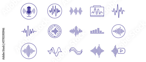 Collection of audio wave icons representing sound recording and voice recognition tech