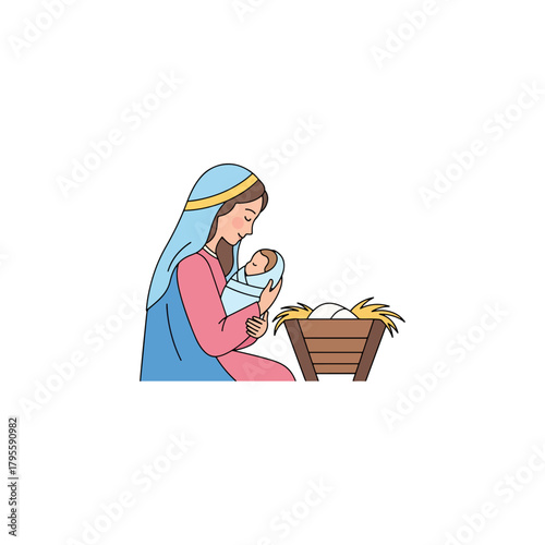 Charming illustration of Mary holding baby Jesus in her arms next to a wooden manger with straw and swaddled infant