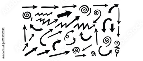 Hand drawn arrow collection showing direction and movement on a clean white background