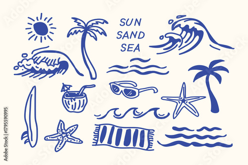 Vector set of summer beach icons with palm trees sun sand and ocean elements