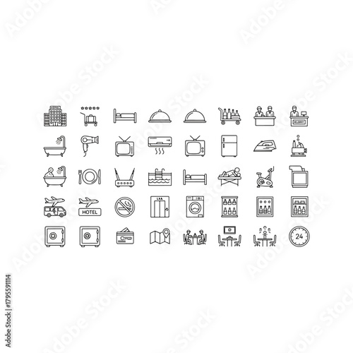 Hotel Icons Set Vector Collection Of Flat Line Art Symbols For Accommodation Service Tourism And Hospitality Industry