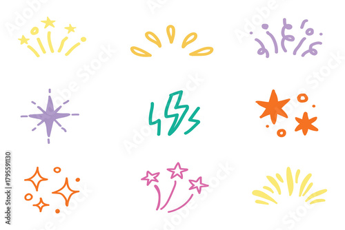 Star background confetti set. Hand drawn doodle star shapes and birthday confetti with cute sparkle, holiday twinkle brush elements, and glowing cartoon kid pattern. Vector illustration