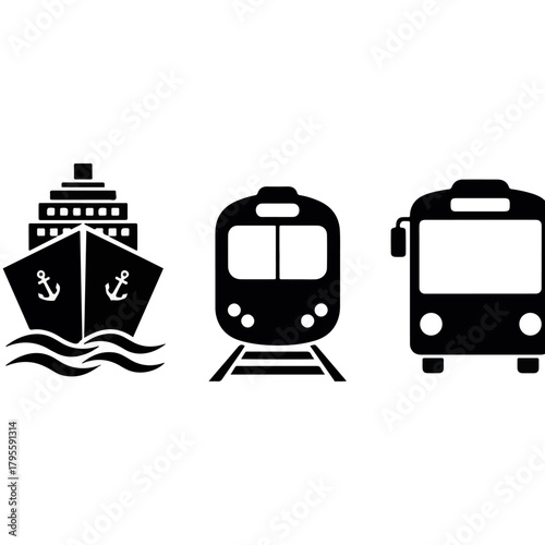 Set of three transportation icons featuring a cruise ship on water, a train on tracks, and a bus side view, isolated on white.