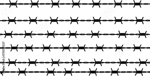 Barbed wire strands, horizontal alignment, sharp twisted metal, security fencing variations, industrial protection, danger boundary, restricted zone, confinement structure, comparison design