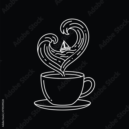 Coffee Love and Ocean Dreams Monoline Illustration with Sailboat and Waves