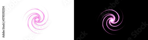 Collection of abstract magenta vortex graphics with luminous swirls and a bright glowing center, isolated on contrasting black and white backgrounds