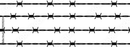 Barbed wire strands, horizontal silhouette design, sharp twisted metal, security fencing structure, industrial protection, danger boundary, restricted zone, black wire pattern