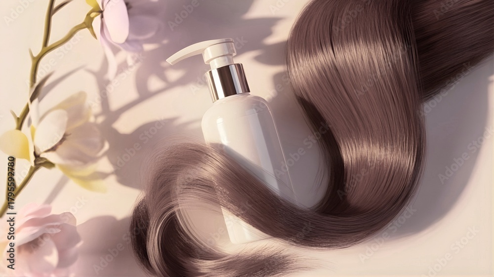 Fototapeta premium A bottle of hair care product with a lock of shiny hair on a light background with flowers. Ideal for use in advertising, packaging design, branding, and editorial beauty content.