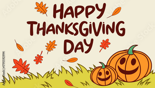 Autumn leaves and pumpkins surrounding elegant Happy Thanksgiving Day text in a warm rustic vector design