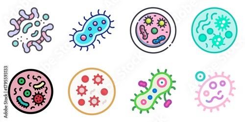 bacteria flat icons set. isolated on white background. Vector illustration.