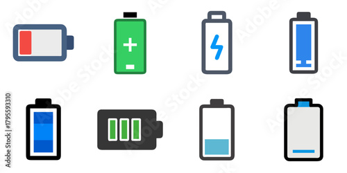 battery flat icons set. isolated on white background. Vector illustration.