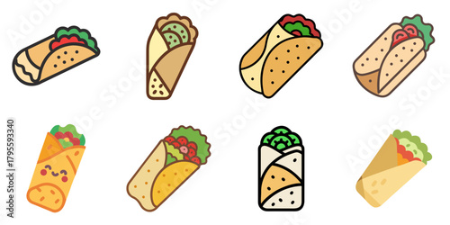 burrito flat icons set. isolated on white background. Vector illustration.
