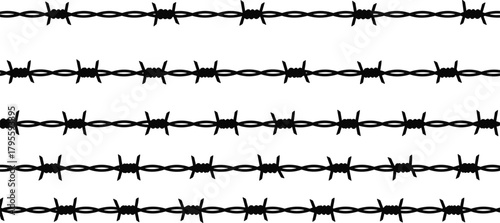 Barbed wire strands, parallel rows, sharp twisted metal, security fencing design, industrial protection, danger boundary, restricted zone, confinement barrier