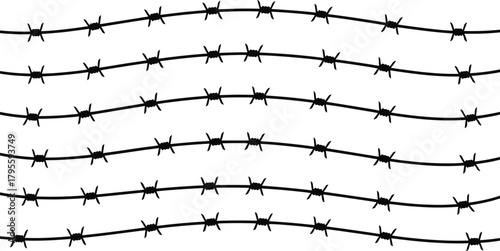 Barbed wire strands, horizontal wave pattern, sharp twisted metal, security fencing design, industrial protection, danger boundary, restricted zone, confinement structure