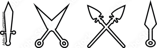 Sword, Spear, and Weapon Icon Set, Collection and Group of Sharp Blade, Dagger, and Arrowhead Symbols, Black Line Vector, Combat Armory, Battle Tool, War Equipment, and Medieval Weaponry