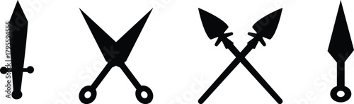 Sword, Spear, and Weapon Icon Set, Collection and Group of Sharp Blade, Dagger, and Arrowhead Symbols, Black Flat Vector, Combat Armory, Battle Tool, War Equipment, and Medieval Weaponry