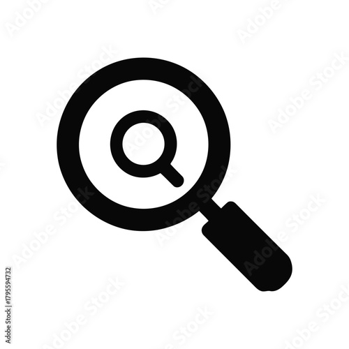 Black search icon illustration on white background, magnifying glass flat style