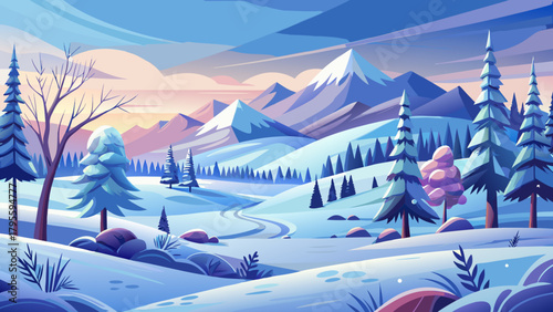 Very beautiful winter landscape vector drawing featuring softly rolling snowy hills, delicate hand-drawn trees, and a calm seasonal atmosphere, designed as a clean and versatile cover background illus