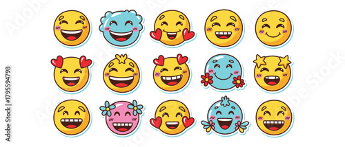 Collection of adorable cartoon emoji faces expressing various positive emotions joy