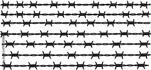 Barbed wire strands, security fencing, sharp metal, protective barrier, danger symbol, industrial design, harsh boundary, silhouette, confinement concept, wire texture