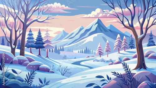 Very beautiful winter landscape vector drawing featuring softly rolling snowy hills, delicate hand-drawn trees, and a calm seasonal atmosphere, designed as a clean and versatile cover background illus
