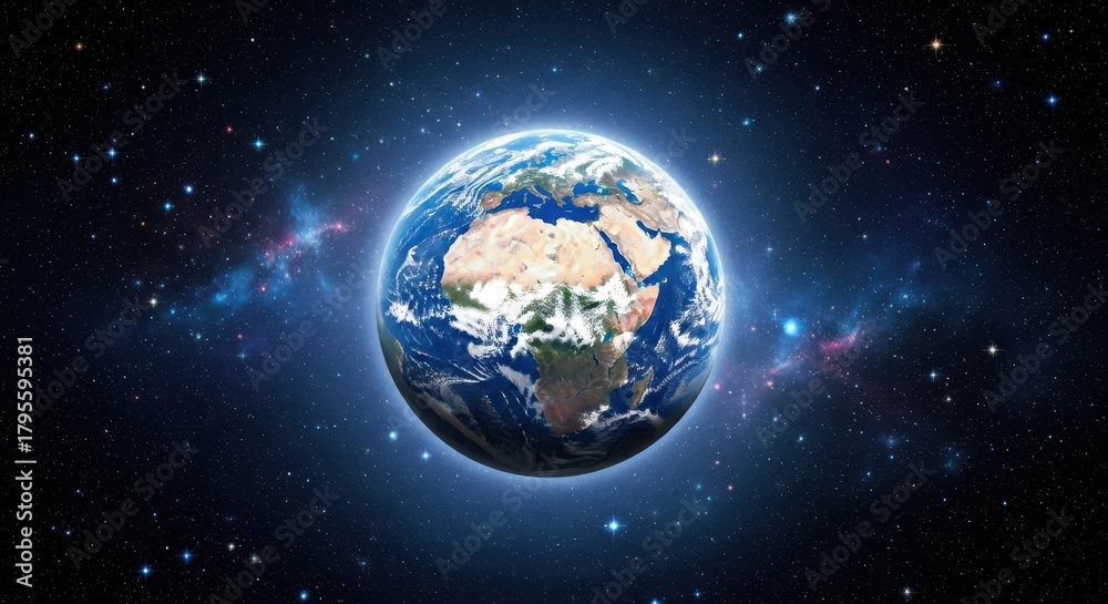 Obraz premium Planet earth viewed from space, with continents and oceans visible, surrounded by a field of stars and nebulae, representing our solar system and the vastness of the universe
