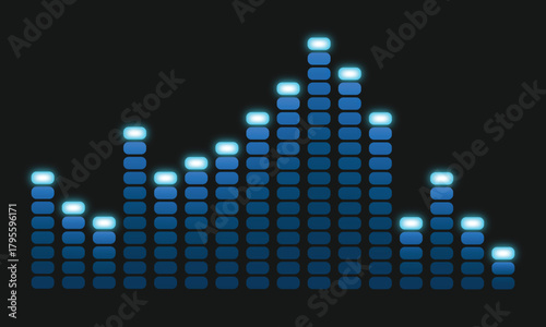 Glowing blue audio equalizer bars on a dark background create a dynamic sound wave display. Bright illuminated levels form a modern digital music visual. Vibrant equalizer graphic ideal for audio, DJ,