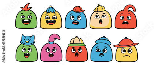 Colorful cartoon characters expressing various emotions in a playful and fun design