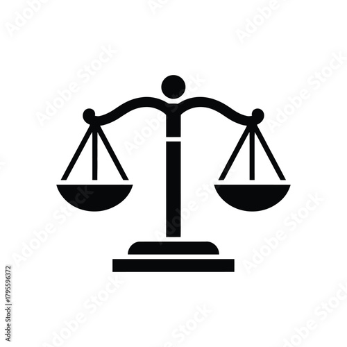 Black scales of justice icon representing law, balance, judgment on a white background