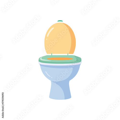 A light blue toilet with an open yellow lid and seat