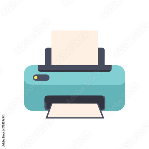 A teal printer with paper coming out