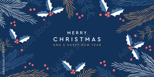 christmas winter background fir branches and holly berry vector illustration