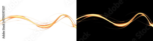 A dynamic abstract diptych showing a golden wave as both a viscous liquid splash on a white background and a glowing light trail on a black background, representing duality