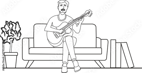 Line art of a person playing guitar while sitting on a sofa in a cozy room. Minimal illustration of a relaxing musical moment. Simple outline drawing for creative design projects.
