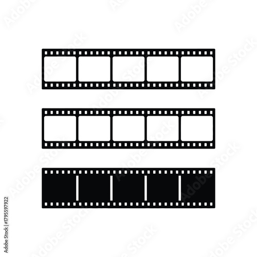 Three black film strip icons isolated on a clean white background