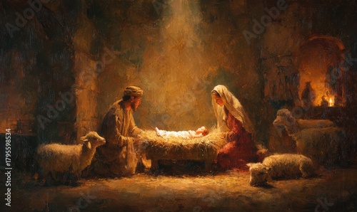 Fototapeta Naklejka Na Ścianę i Meble -  Christmas eve manger scene painting featuring baby jesus nativity