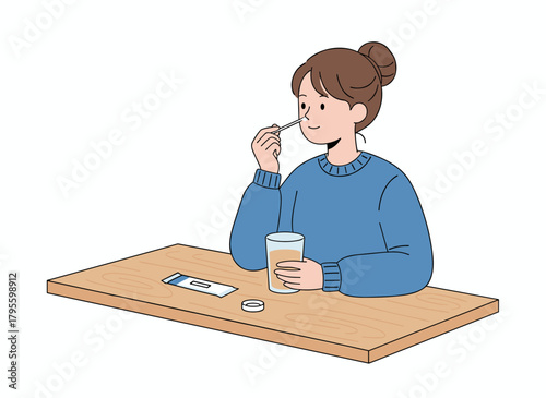 A woman savoring a sugary dessert in a glass with a spoon, delighting in the sweet treat, standing beside a cake on a table, depicted in a flat vector illustration against a white background