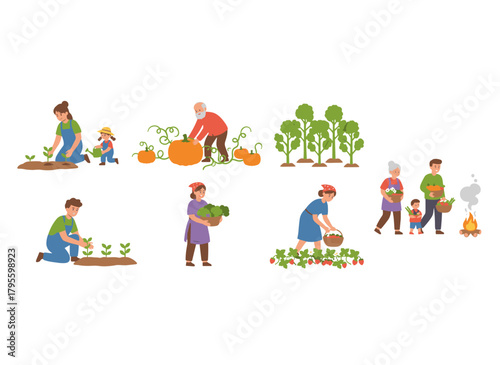 A set of flat vector illustrations depicting autumn harvest: farmers in the field collecting fall fruits and vegetable crops, featuring both male and female farm workers and gardeners as isolated