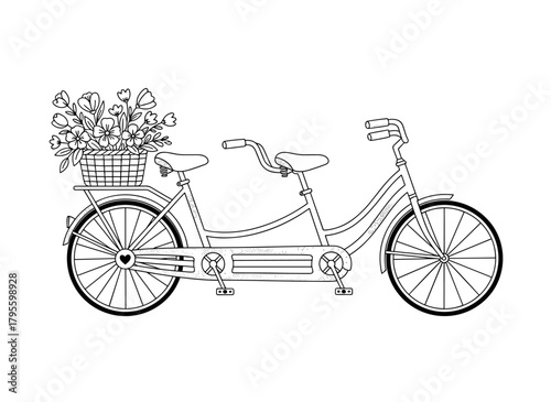 A hand‑drawn vintage‑style tandem city bike with a flower basket, rendered as a sketch vector illustration