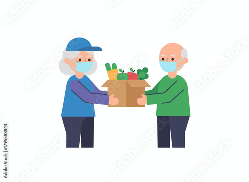 A masked male courier delivers a food package to an elderly couple in isolation, illustrating a delivery service that supports seniors