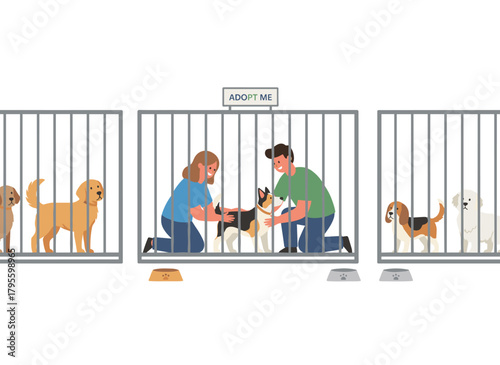 A smiling young couple adopts a pet from an animal shelter, pound, rehabilitation, or adoption center for stray and homeless dogs, depicted in a colorful flat cartoon vector illustration