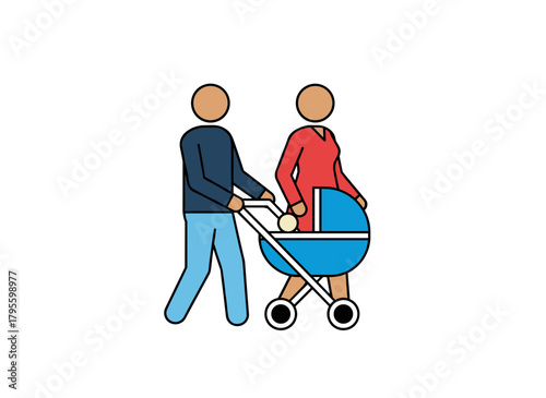 A flat vector illustration shows a mother and father walking with a baby in a pram, depicted as cartoon characters on a white background