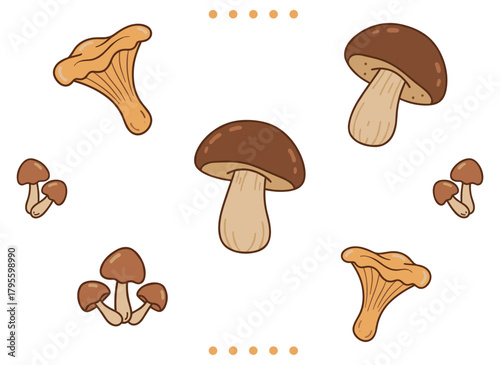 Mushroom motif featuring a seamless, repeating design of fall fungi, including boletus and chanterelle, ideal as an endless background for wrapping, fabric, and textile textures, rendered in flat