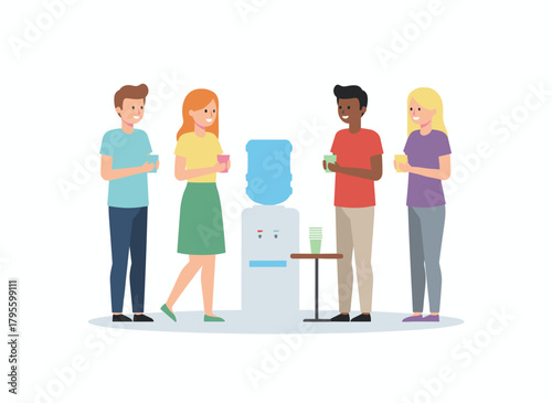 Office staff and coworkers gather by the water cooler or dispenser, sipping drinks and chatting, while smiling male and female clerks converse during their coffee break in a flat cartoon vector